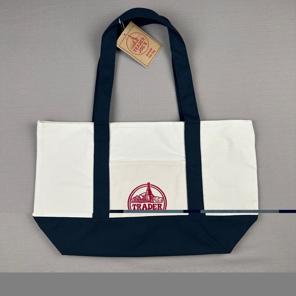 Trader Joe's Reusable Classic Canvas Tote Bag Navy Blue Cream Embroidered Logo